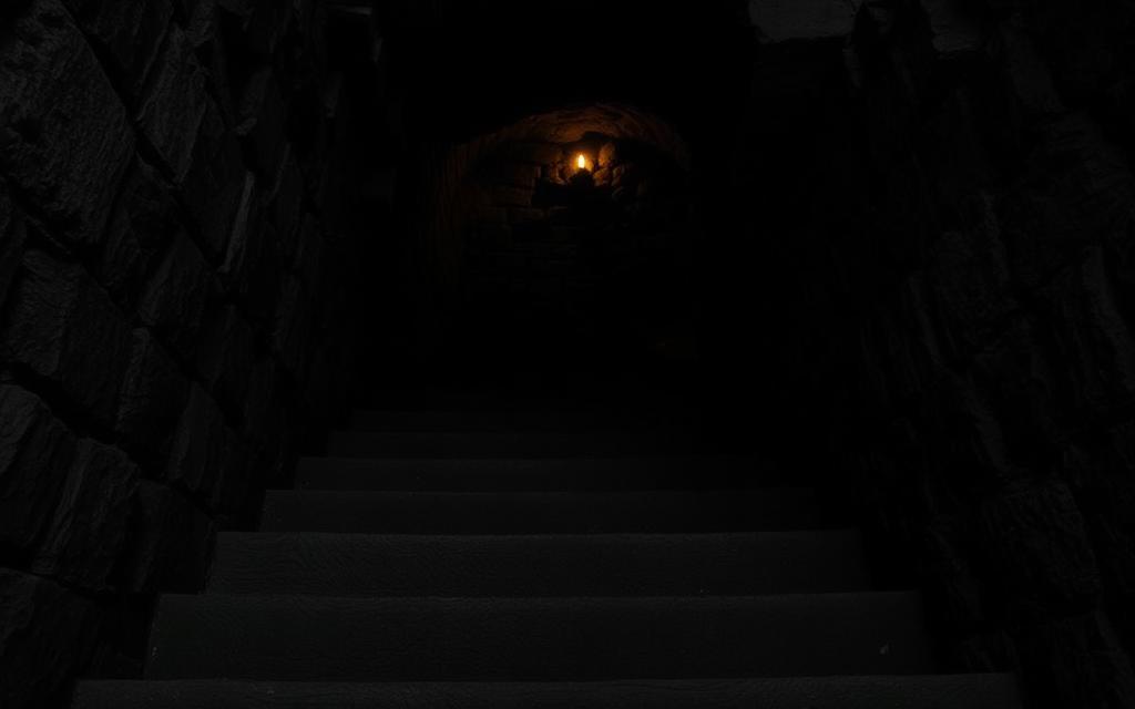 Ancient stone steps descending into candlelit darkness