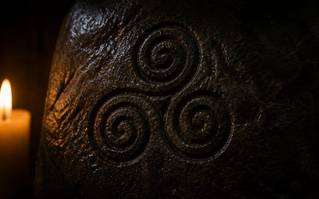 Ancient triskele spiral carved into dark stone by candlelight