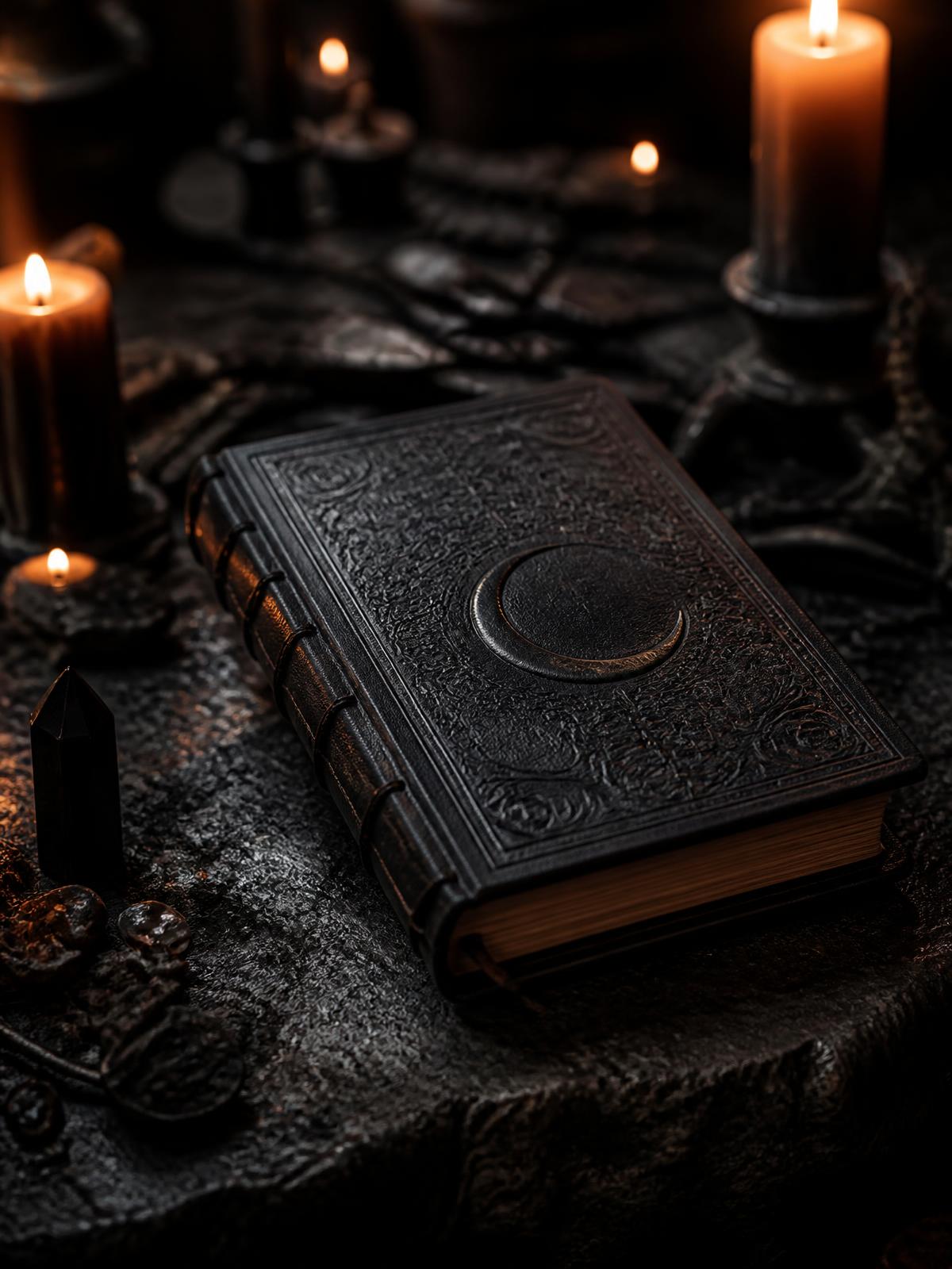 A hand-bound esoteric leather book with an embossed crescent moon, resting on a candlelit stone altar